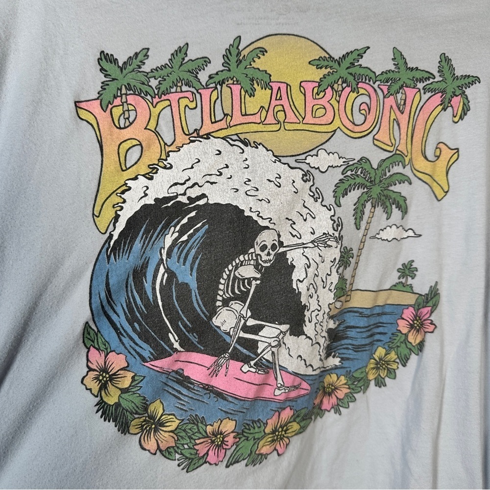 Billabong Skeleton Surfer Graphic Tee Light Blue Cotton Boyfriend Fit Small - Picture 4 of 10